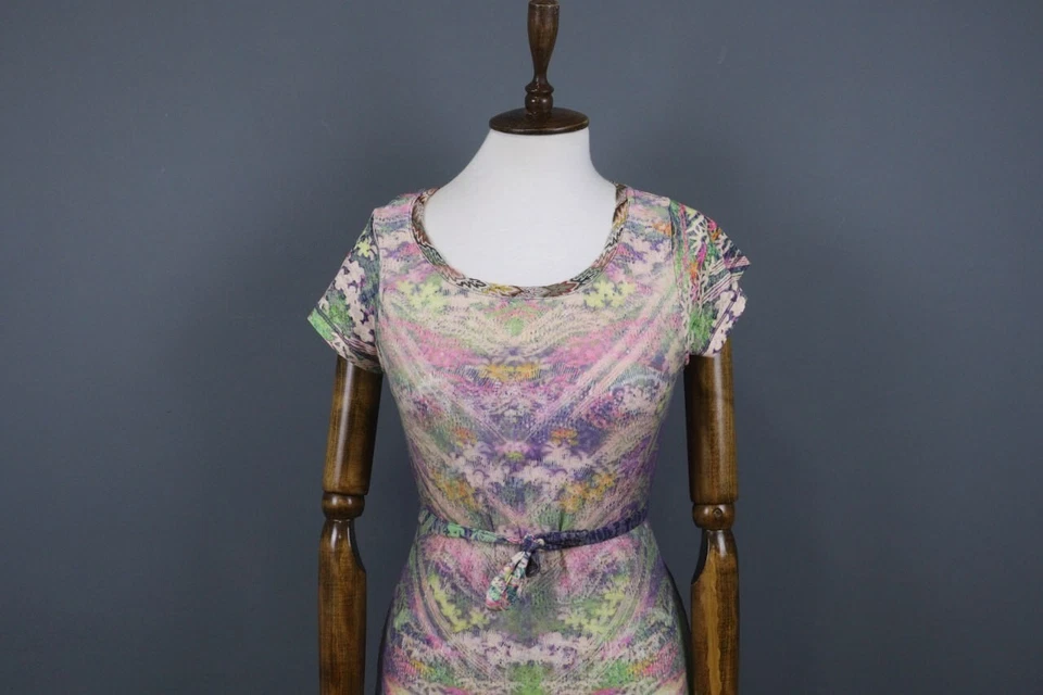 Custo Barcelona Multi Abstract Round Neck Belted Waist Fit & Flare Dress Size 1 - Image 2 of 4