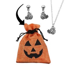 Silver Pumpkin Necklace and Earrings Set Fall Halloween Jewelry in Cute Gift Bag