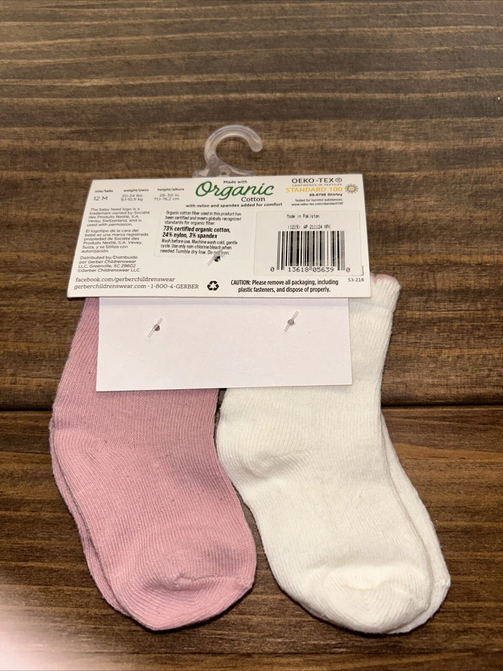 Gerber Modern Moments Baby Girl Socks Organic Wiggle Proof 12M Pink Cream Ruffle - Image 2 of 4