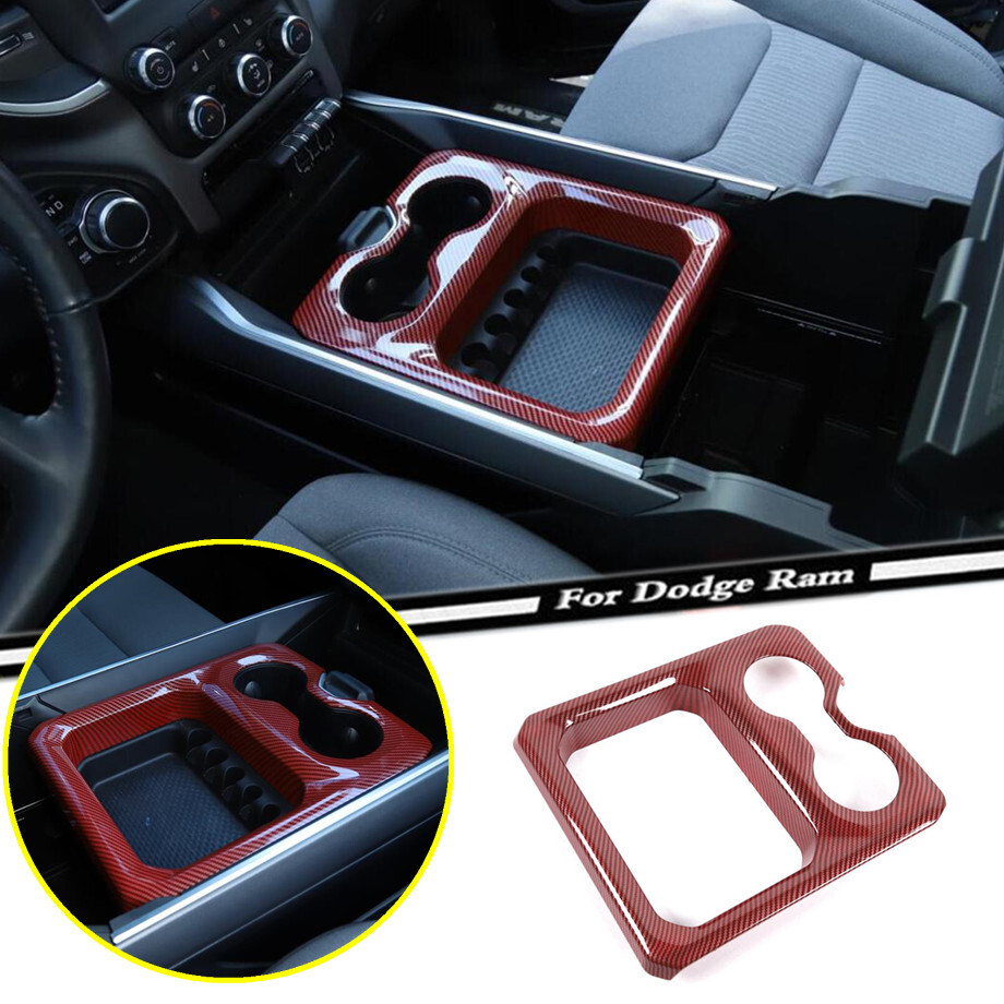For 2019-2024 Dodge RAM 1500 Red Carbon Car Center Console Cup Holder Cover Trim