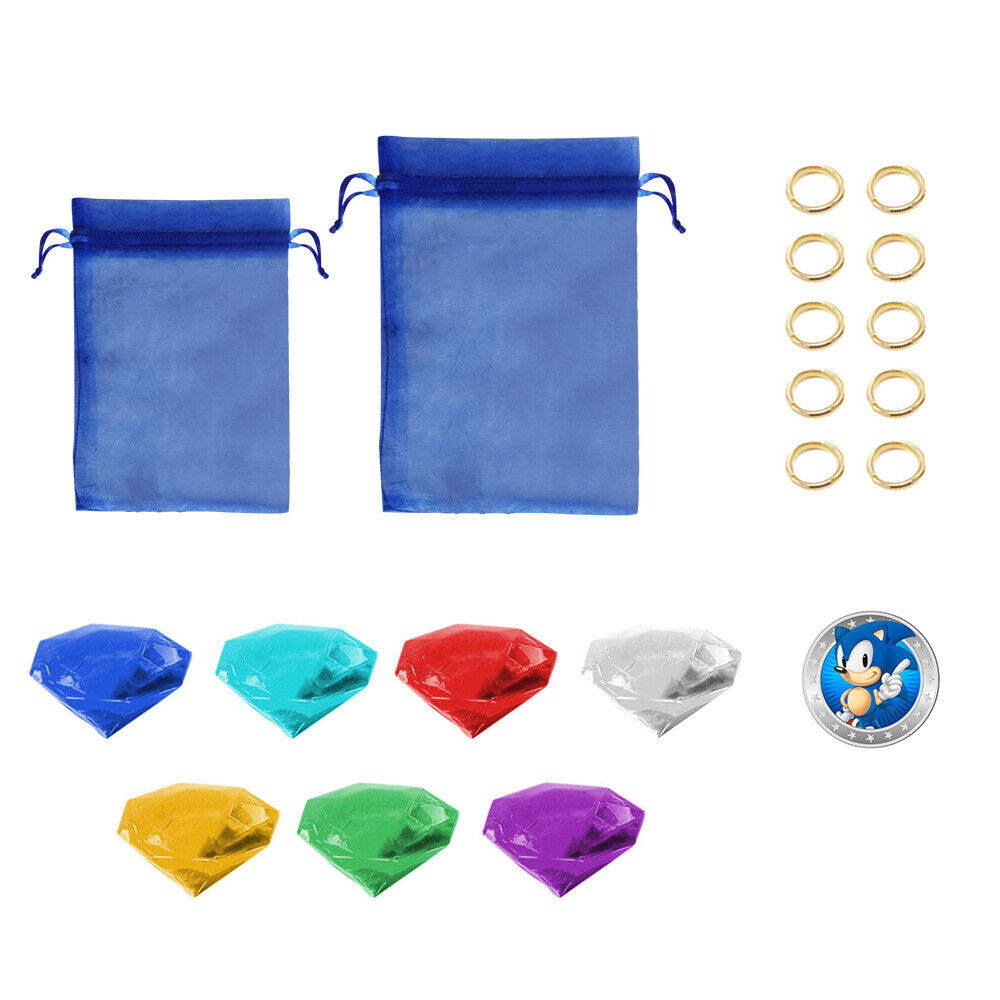 SONIC THE HEDGEHOG CHAOS EMERALDS FUll SET PLUS 10 GOLD RINGS & 1 SONIC  STICKERS