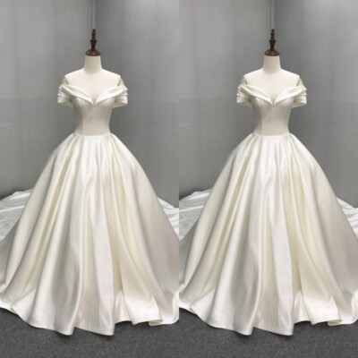 Simple Satin Wedding Dresses Off The Shoulder A Line Sweep Train Bridal Gown