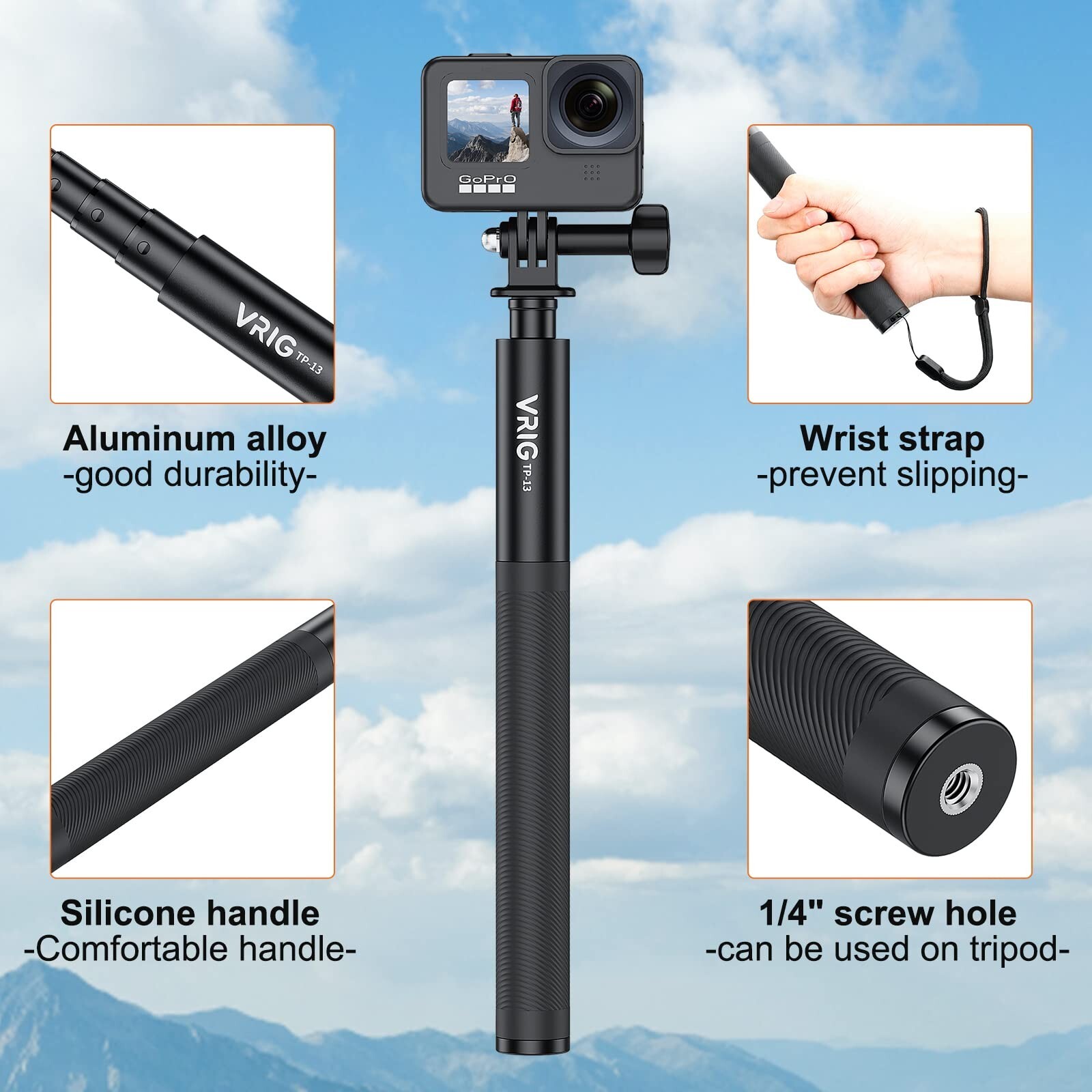 VRIG TP-13,131cm(51inch) Extension Selfie Stick for INSTA360 for GoPro 11 10 ...
