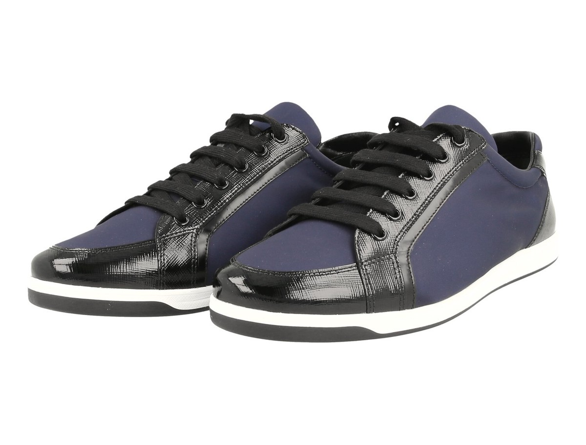 スニーカー PRADA Navy blue leather sneakers (2EE427FG000MN0 F0216) PRADA SAFFIANO SNEAKERS SHOES BLACK NAVY BLUE WHITE LEATHER