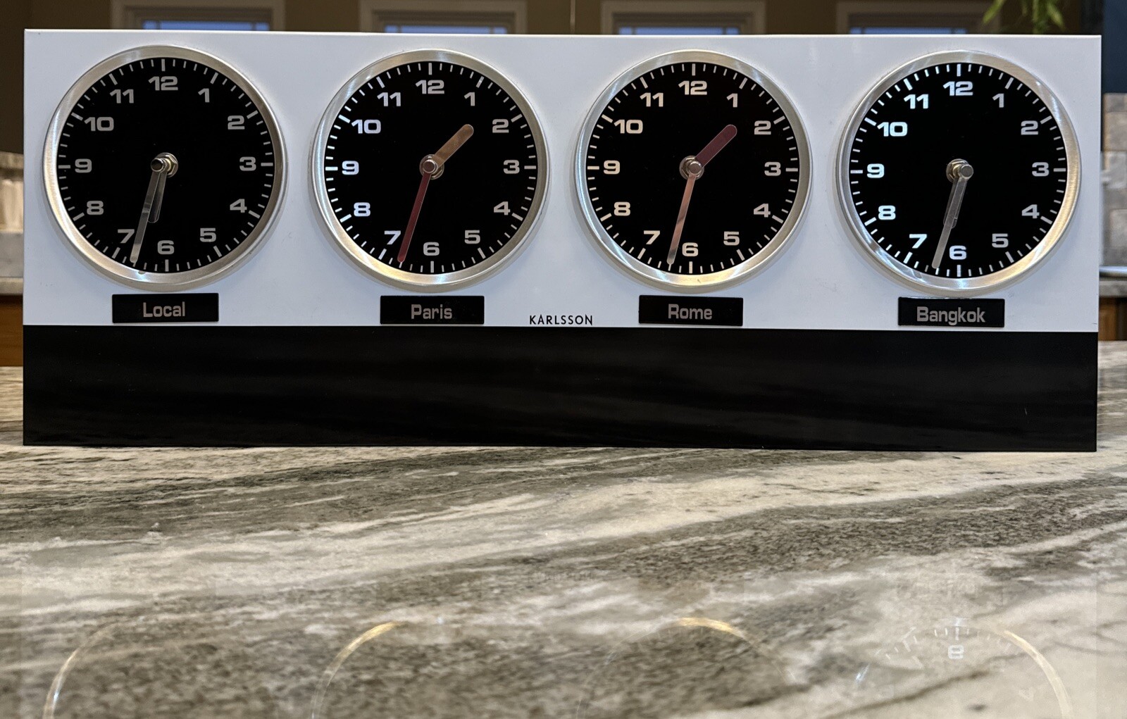 Vintage Stainless Steel KarIsson World Time Zone 4 Analog Wall Clocks, Scarce