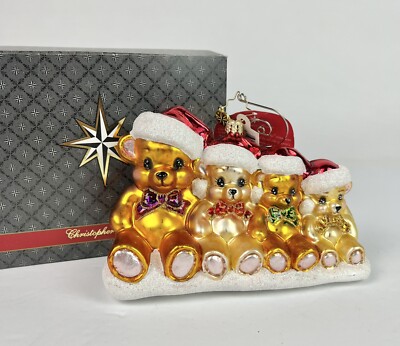 Radko Beary Together Christmas Glass Ornament 1017141 Bear Family W/santa Hat