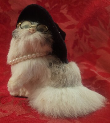 Rabbit s Hair Cat Collectible Figurine Glasses, Pearl Necklace, Black Hat - 5'' H