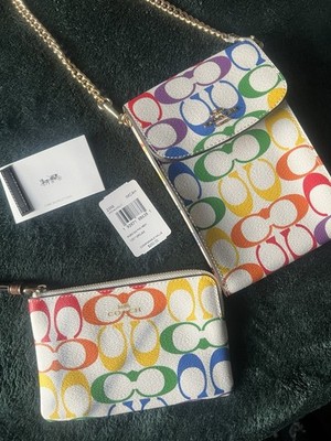 Coach Multicolor Signature Logo Chain Mini Crossbody & Wristlet Pouch 2pc Set