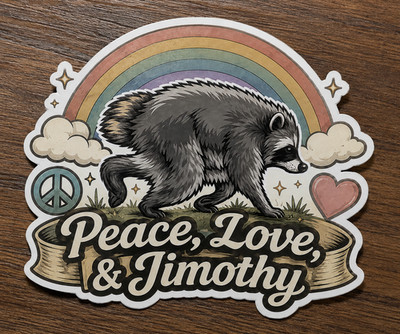   PEACE, LOVE, & JIMOTHY   4'' Raccoon 6 Mil Vinyl Sticker (Free Shipping)