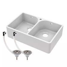 Double Bowl Fireclay Ceramic Butler Kitchen Sink with Full Weir, Overflows & Was