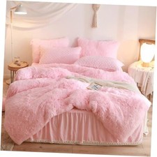 Fluffy Comforter Cover Set, Soft Furry Shaggy Bedding Set 3 Pieces Queen Pink