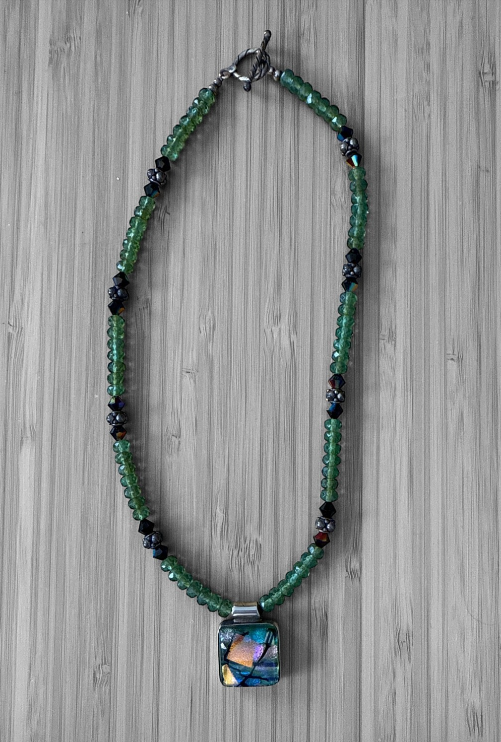 925 Dichroic Glass Pendant Necklace w/Green Faceted Beads Crystal Accents