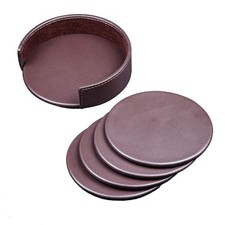 Chocolate Brown Leather 4 Round Coaster Set
