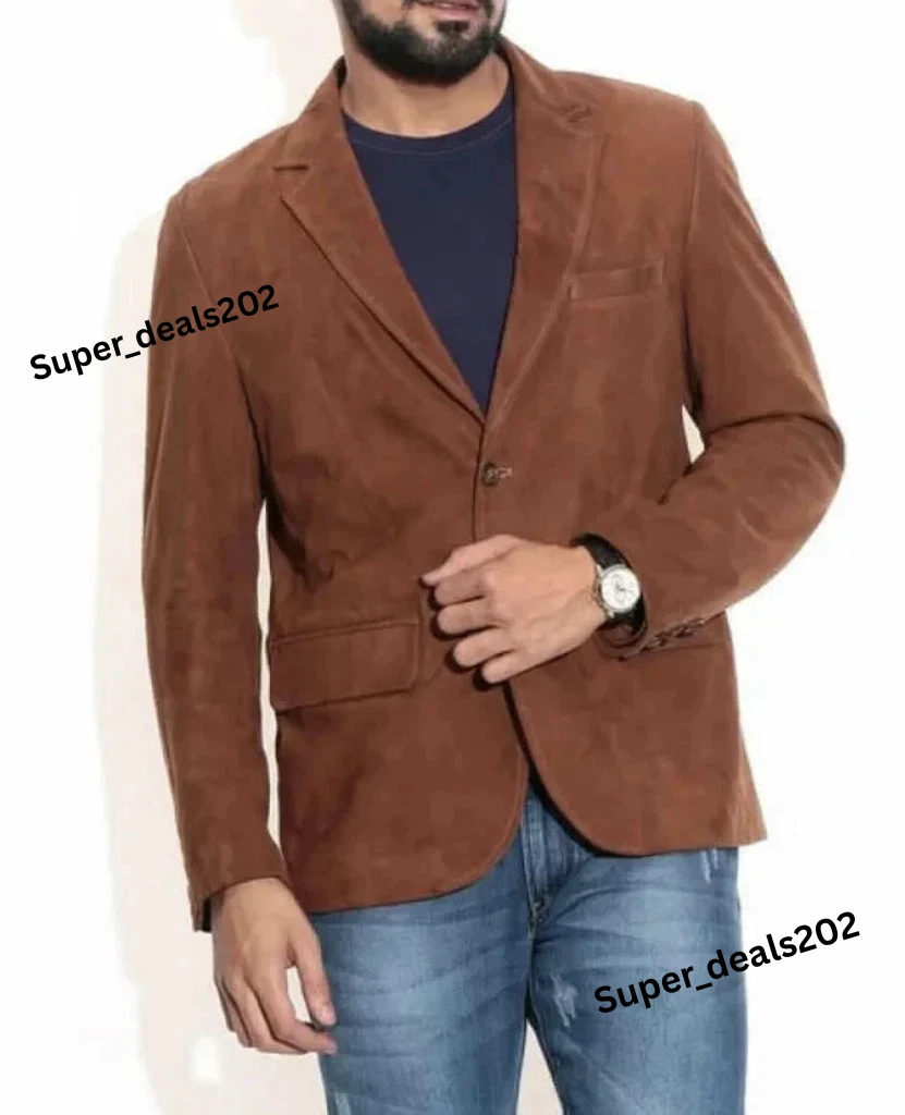 Men's Suede Leather Blazer Brown Formal Party Work Soft Handmade Jacket Outfit