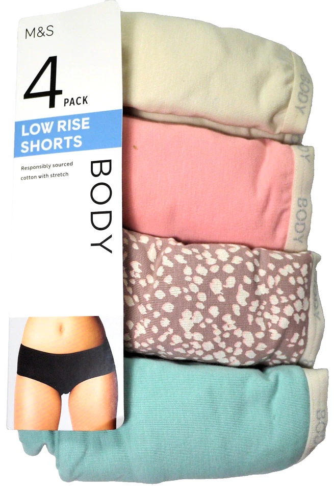 M & S BODY PACK 4 LOW RISE SHORTS KNICKERS SIZE 24 COTTON LYCRA - Image 1 of 1