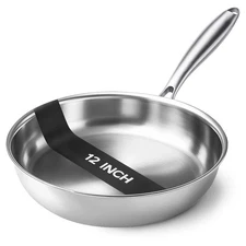 Tri-Ply Stainless Steel Pan 12 Inch Frying Fast and Even Heat Skillet Induction