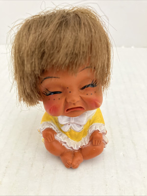 Vintage Moody Cutie Doll Crying Face Yellow Dress Plastic 3.5  Made Korea 1970 s