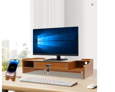 Wood Tabletop Monitor Stand w/ Cell Phone Holder & Lockable Drawer Storage