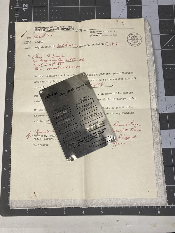Vertol Piasecki Helicopter "Workhorse" Data Plate w/ Papers PH-43 H-21 Shawnee