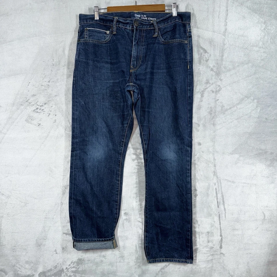 GAP Selvedge Jeans Mens 34x30 Blue Slim Fit Faded Grunge Rocker Biker Casual - Image 2 of 4