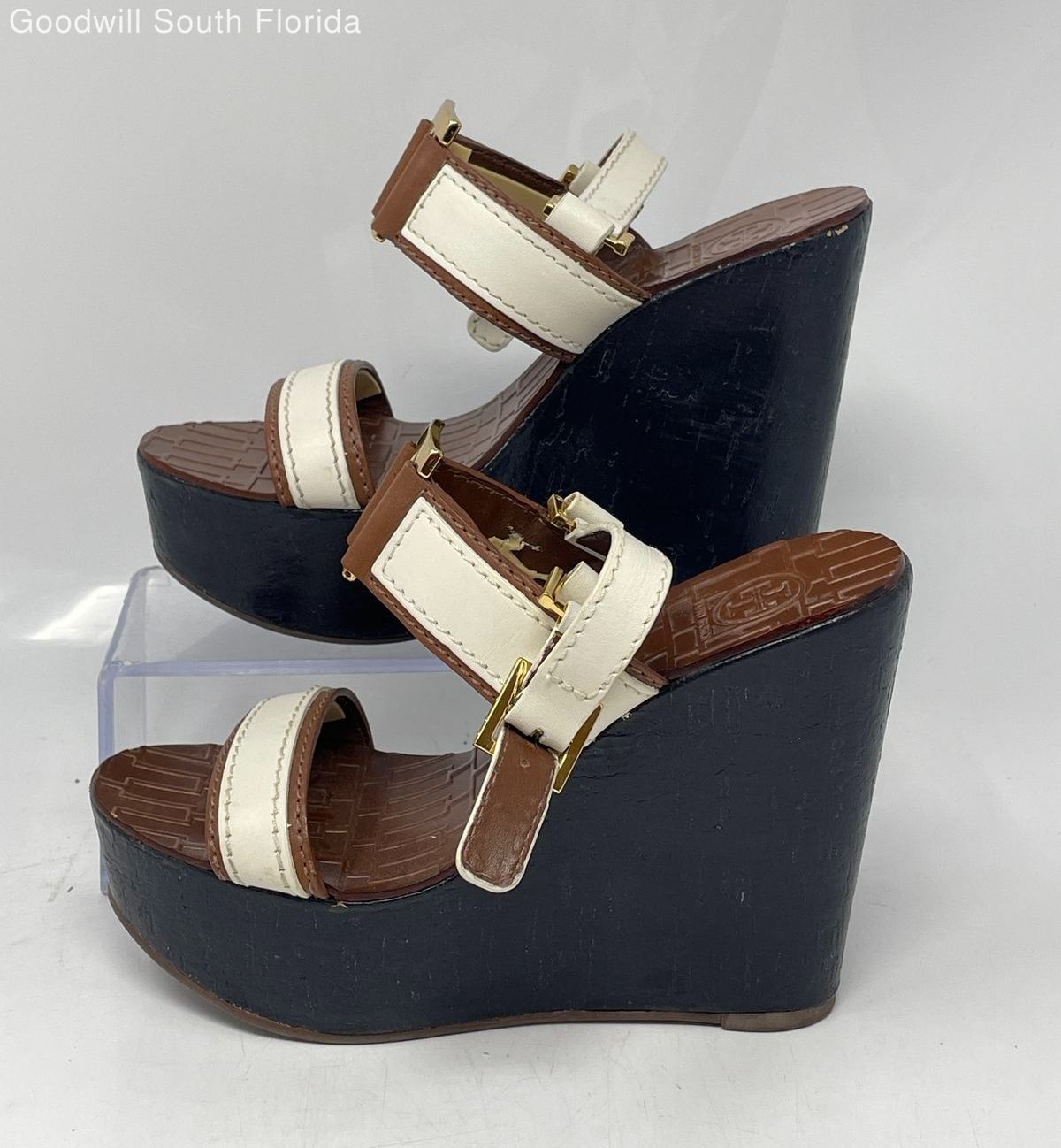 Authentic Tory Burch Womens Brown Blue Wedge Ankle Strap Sandals Size 5M Damaged