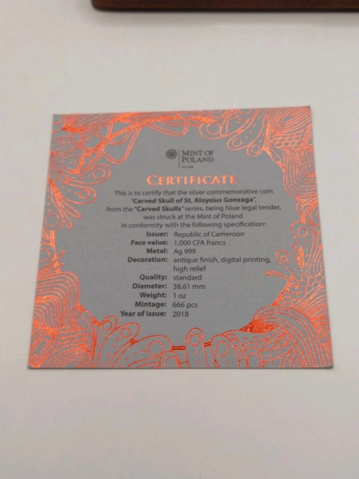 2017 Cameroun 1 oz Silver Carved Skulls 1,000 CFA High Relief Antique Finish - Image 4 of 4