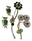 vintage fashion costume jewelry lot enamel 2 flowers 2 owl brooch pin green gold
