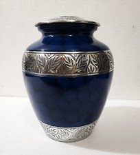 Silver Engraved Blue Urn Human Ashes Adult Cremation Urns with Velvet Bag 10"