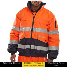 Mens Europa Hi Viz Two Tone Safety Bomber Site Work Jacket Removable Sleeves