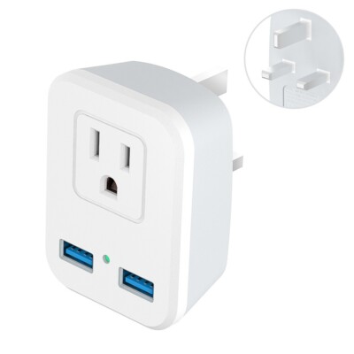 International Travel Plug with 2 USB, UK Ireland Hong Kong Power Adapter