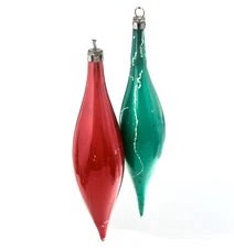 2 Vintage Mercury Glass Teardrop Icicle Glass Christmas Red Green  Ornament