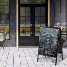 Scrollwork Design Large A-Frame Black Metal Freestanding Chalkboard Sign