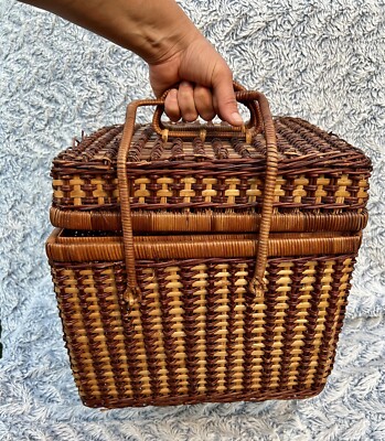 Antique Bamboo Woven Picnic Basket 12” x 12” Double Handle