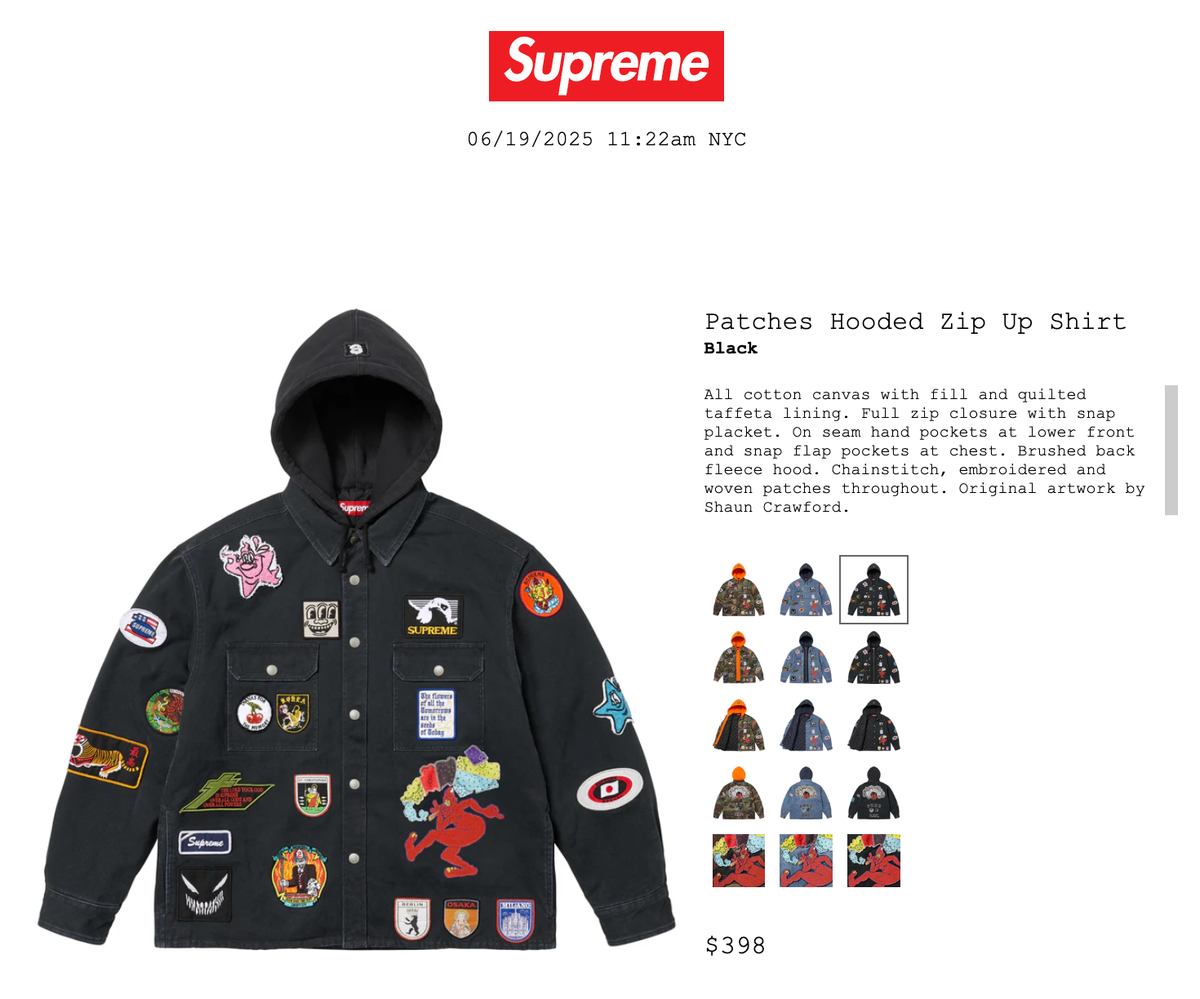 SUPREME PATCHES HOODED ZIP UP SHIRT (LARGE) (BLACK) SS25 PATCHES 6