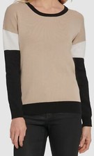  80 Dkny Womens Beige Black White Long-Sleeve Crew-Neck Color-block Sweater Sz L