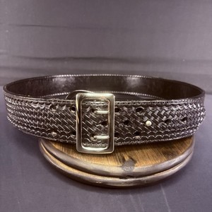 JS Leather Duty Belt Size 44" Black Basket Weave Chrome Brass Buckle Sam Browne