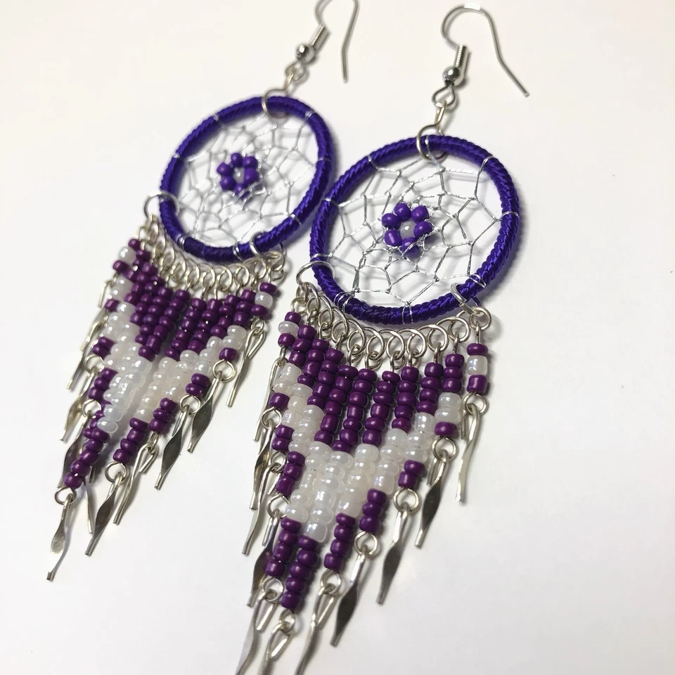 Brincos pendurados com miçangas de sementes longas apanhador de sonhos nativos joias artísticas feitas à mão - Imagem 2 de 4