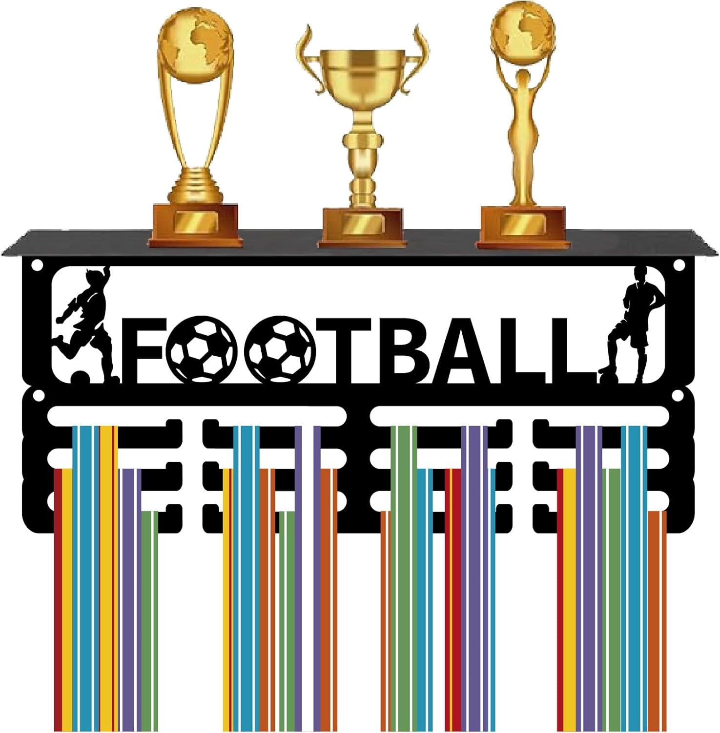 Football Medal Holder Trophy Shelf Medal Hanger Display with 12 Hooks Shelf Stan