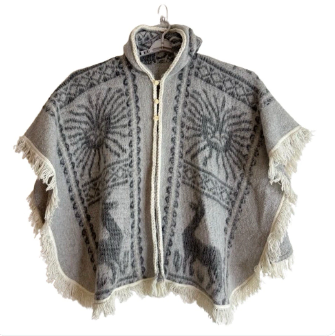 Vintage Peruvian Alpaca Wool Poncho Cape Hooded Zip Llama Fringe Boho
