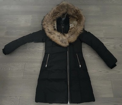 Mackage Women s Small Black Winter Parka Coat Fur Trim Hood + Storage Bag