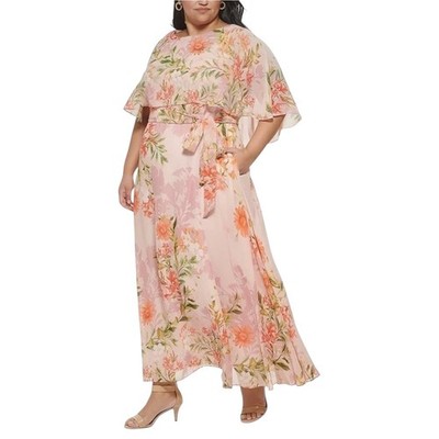 NWT Eliza J 22W Blush Floral Capelet Chiffon Belted Sash Tie Maxi Dress Gown