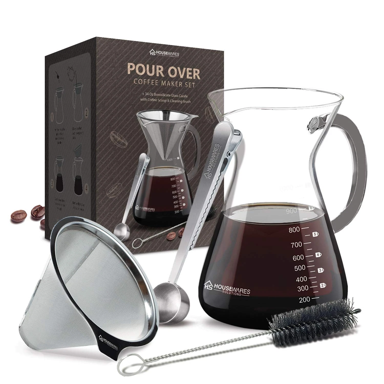 Pour Over Coffee Maker Set - 34 oz Large Borosilicate Glass Stainless Steel