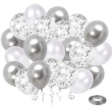 Chrome Party Balloons Set, 50 Pcs 12 Inch With Ribbon, Silver
