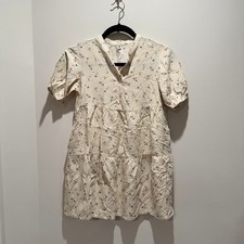 UNIQLO Kids Floral Tiered Mini Dress Puff Sleeve Cream Babydoll Boho Size 130