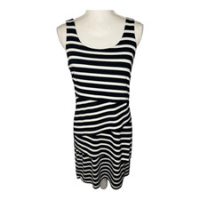 ANN TAYLOR LOFT Petite Small Black Striped Stretch Asymmetrical Tiered Dress