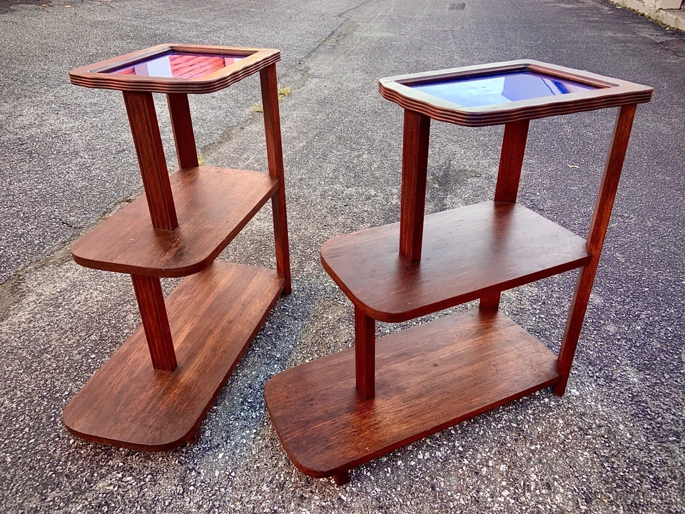 2 Art Deco Brown side End tables COBALT BLUE MIRROR Gorgeous Trim Patina - Image 2 of 4