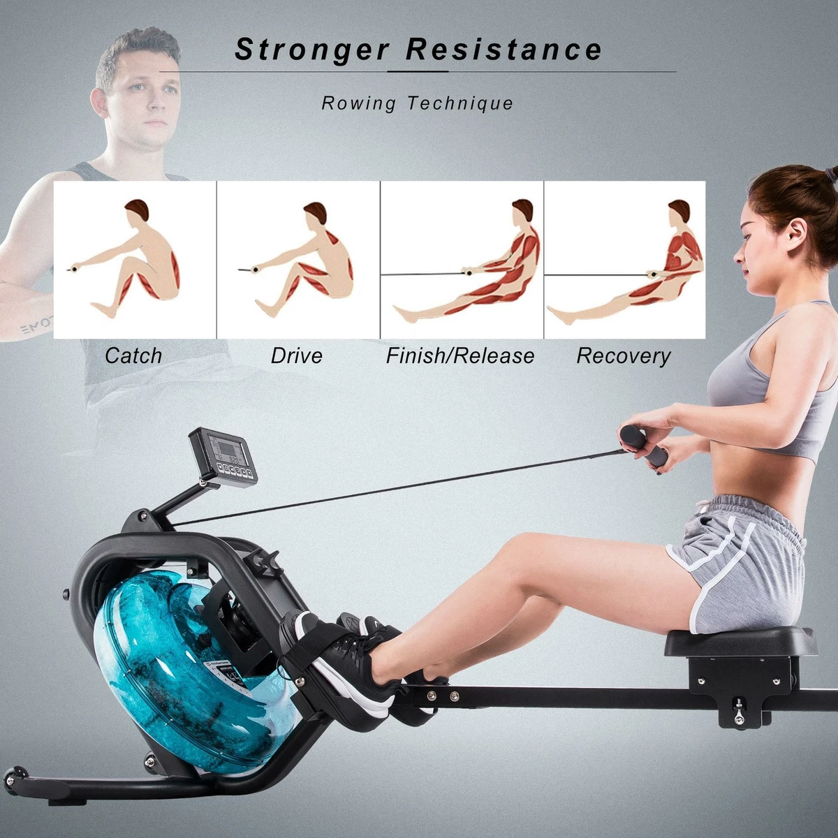 Water Rowing Machine Rower with LCD Monitor Exercise Workout