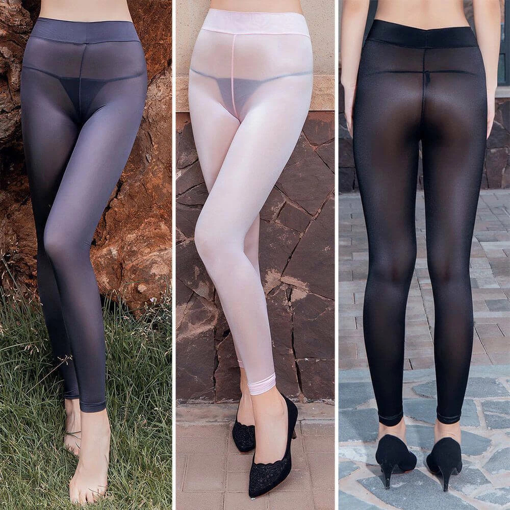 Women Zipper Open Crotch Shiny Glossy Leggings See-through Pants Skinny  Trousers