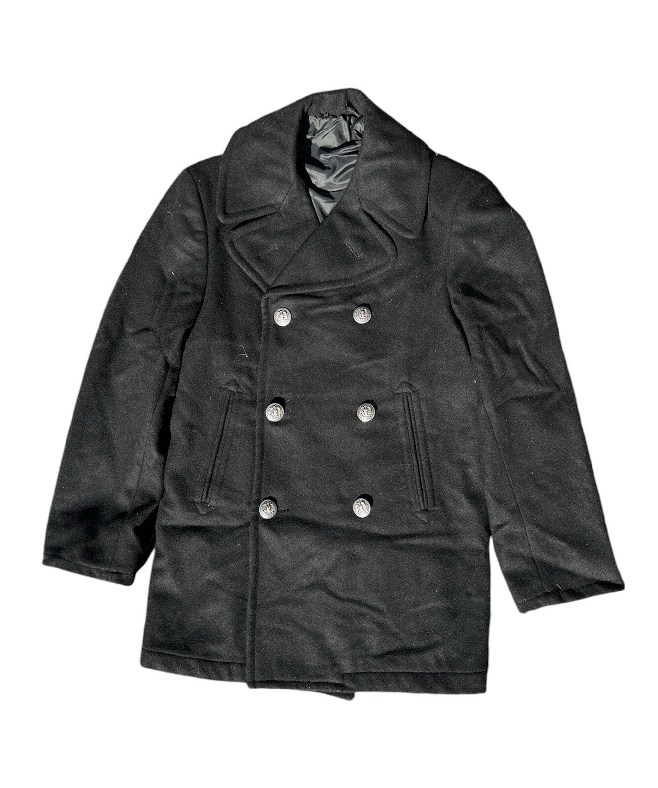 Vintage Mens USN US Navy 100% Wool Kersey Pea Coat Ornate Buttons Size 34R