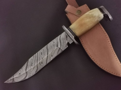 13" CUSTOM HAND MADE DAMASCUS STEEL BOWIE KNIFE WOOD & BONE HANDLE W/SHEATH 5471 - Picture 6 of 7